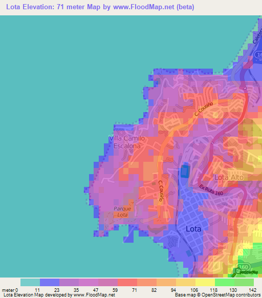 Lota,Chile Elevation Map