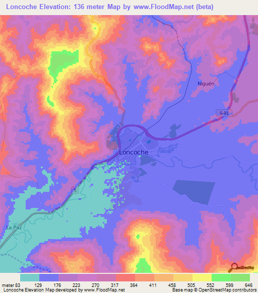 Loncoche,Chile Elevation Map