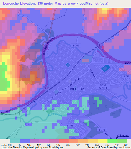 Loncoche,Chile Elevation Map