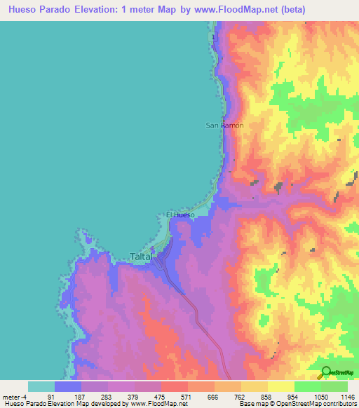 Hueso Parado,Chile Elevation Map