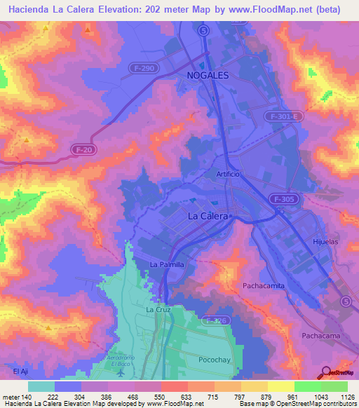 Hacienda La Calera,Chile Elevation Map