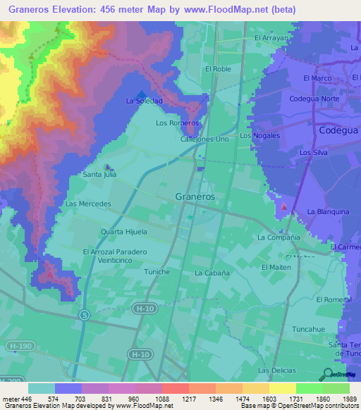 Graneros,Chile Elevation Map