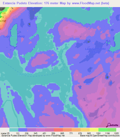 Estancia Pudeto,Chile Elevation Map