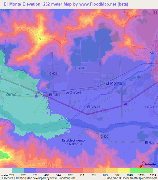 El Monte,Chile Elevation Map