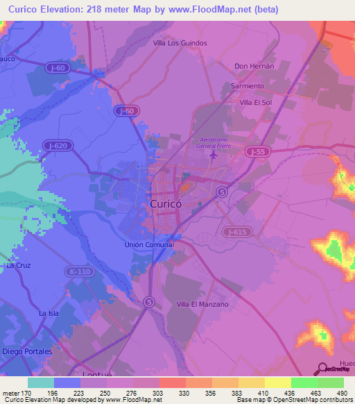 Curico,Chile Elevation Map
