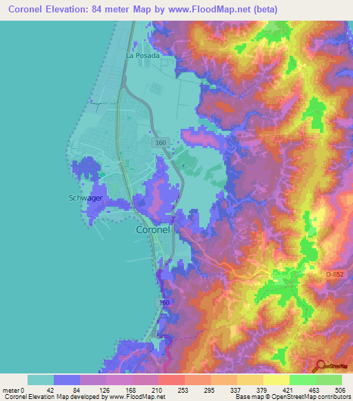 Coronel,Chile Elevation Map