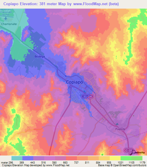 Copiapo,Chile Elevation Map