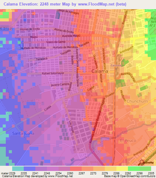 Calama,Chile Elevation Map