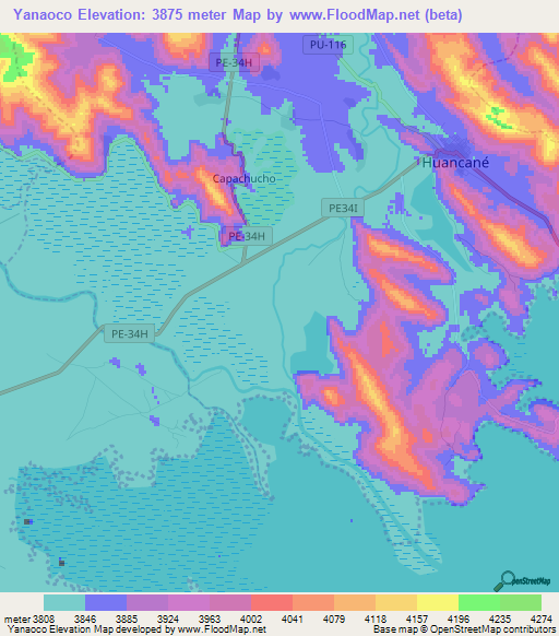 Yanaoco,Peru Elevation Map