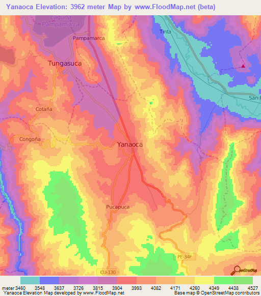 Yanaoca,Peru Elevation Map