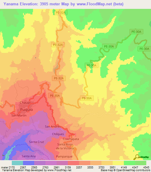 Yanama,Peru Elevation Map