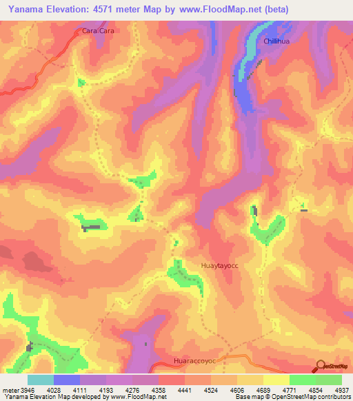 Yanama,Peru Elevation Map
