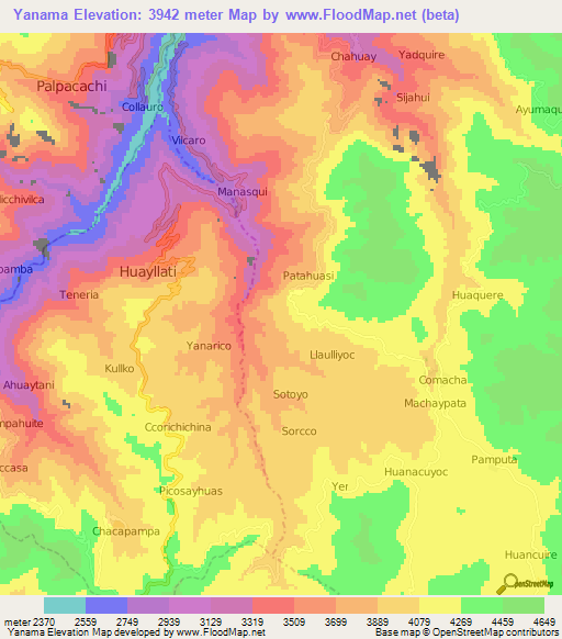 Yanama,Peru Elevation Map
