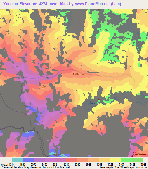 Yanama,Peru Elevation Map