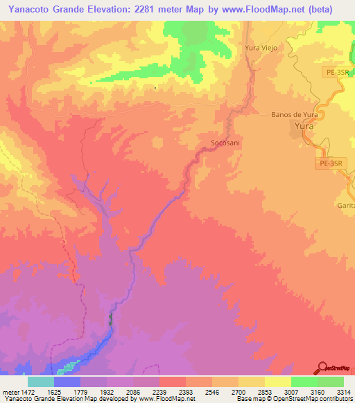 Yanacoto Grande,Peru Elevation Map
