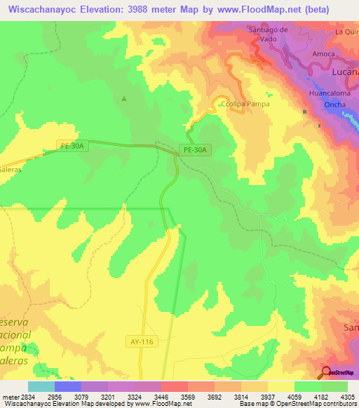 Wiscachanayoc,Peru Elevation Map
