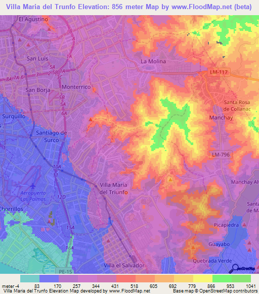 Villa Maria del Trunfo,Peru Elevation Map