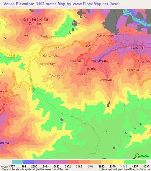 Vacas,Peru Elevation Map