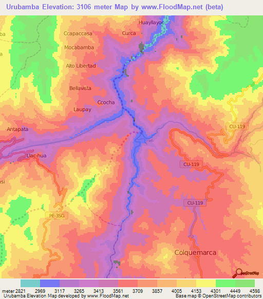 Urubamba,Peru Elevation Map