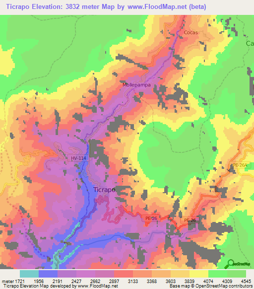 Ticrapo,Peru Elevation Map