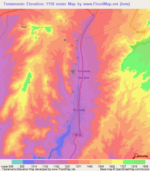 Testamento,Peru Elevation Map