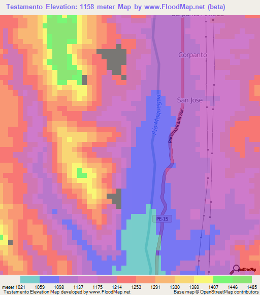 Testamento,Peru Elevation Map