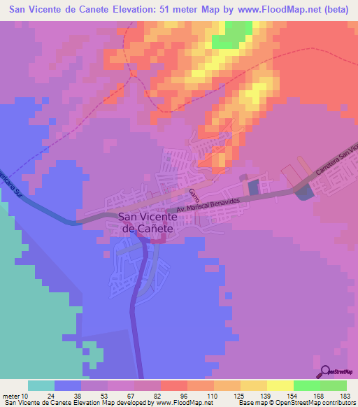 San Vicente de Canete,Peru Elevation Map