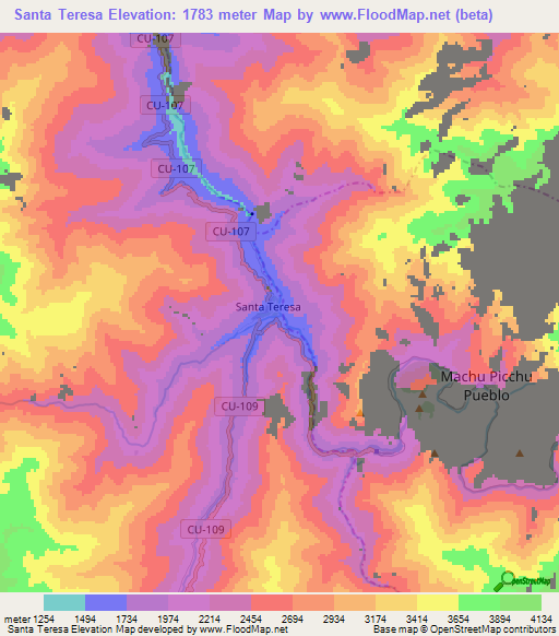 Santa Teresa,Peru Elevation Map