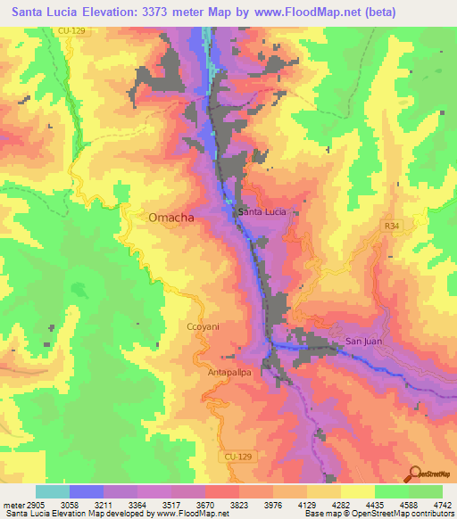 Santa Lucia,Peru Elevation Map