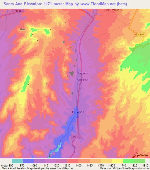 Santa Ana,Peru Elevation Map