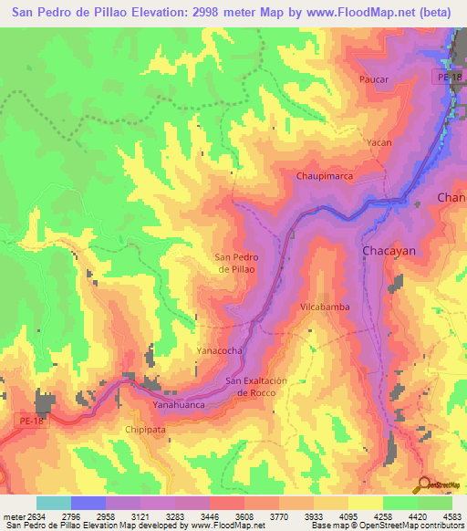 San Pedro de Pillao,Peru Elevation Map