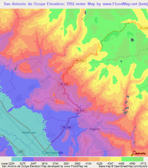 San Antonio de Ocopa,Peru Elevation Map