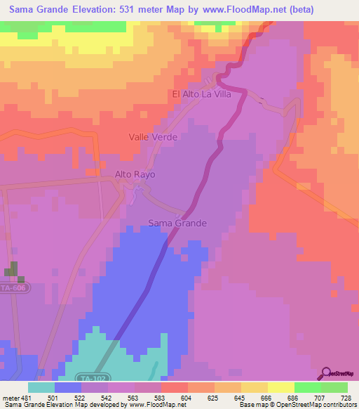 Sama Grande,Peru Elevation Map