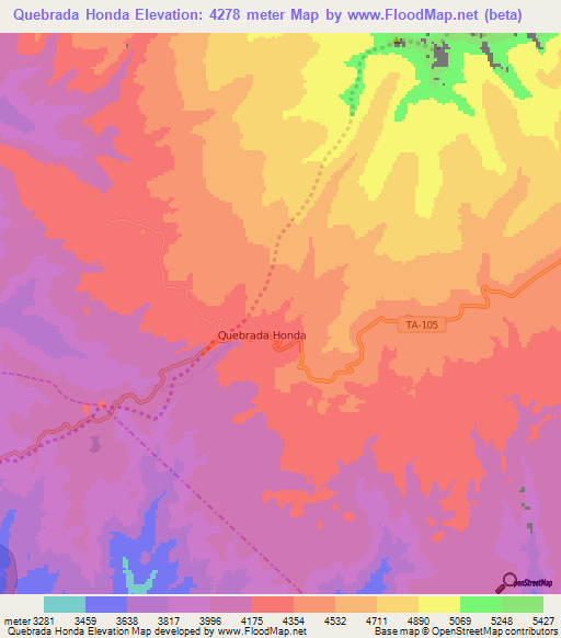 Quebrada Honda,Peru Elevation Map