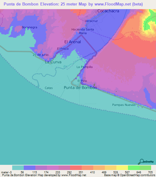 Punta de Bombon,Peru Elevation Map