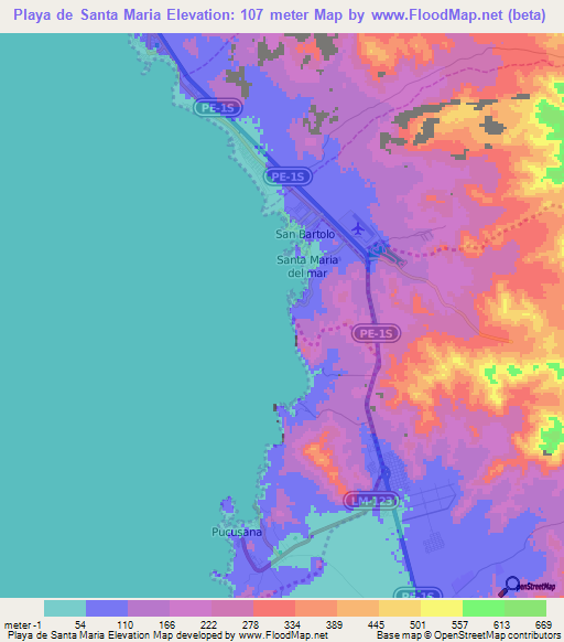 Playa de Santa Maria,Peru Elevation Map