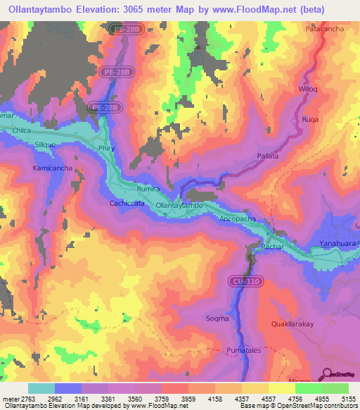 Ollantaytambo,Peru Elevation Map