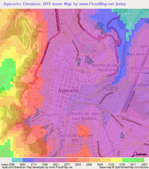 Ayacucho,Peru Elevation Map