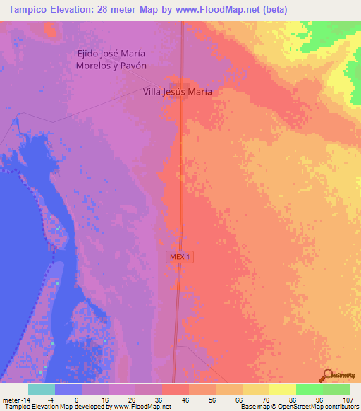 Tampico,Mexico Elevation Map