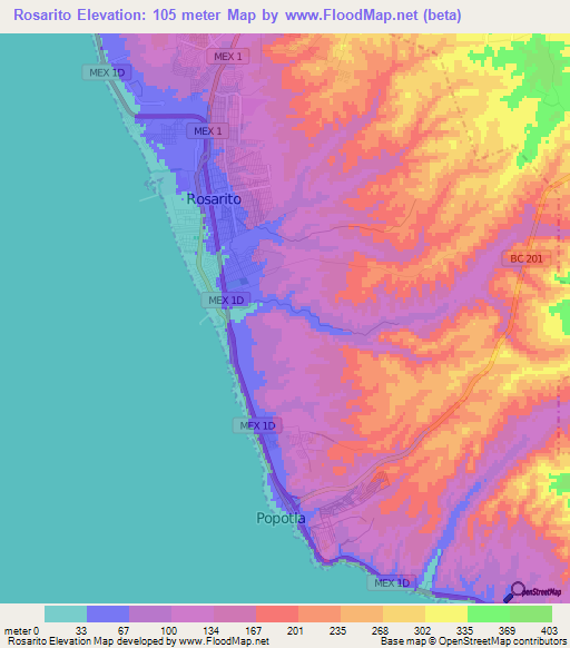 Rosarito,Mexico Elevation Map