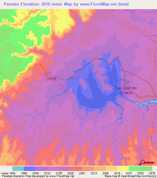 Paredes,Mexico Elevation Map