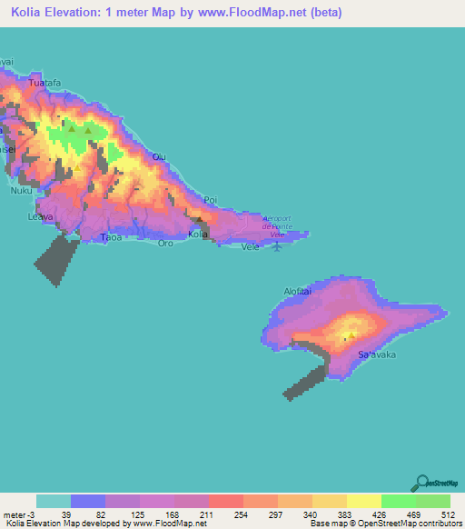 Kolia,Wallis and Futuna Elevation Map