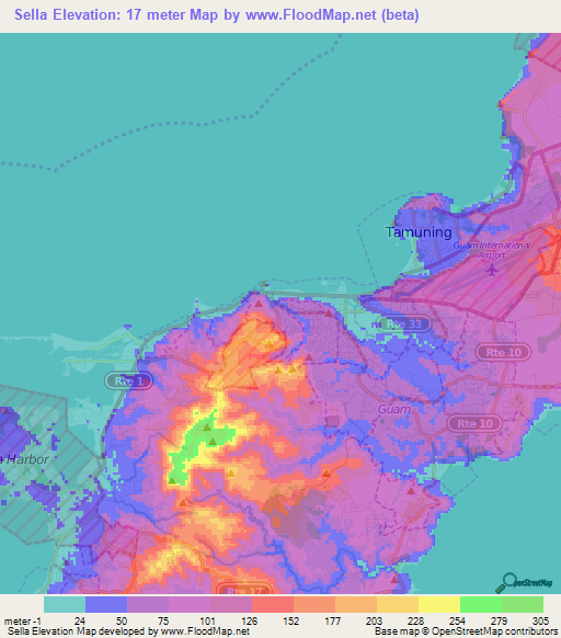 Sella,Guam Elevation Map