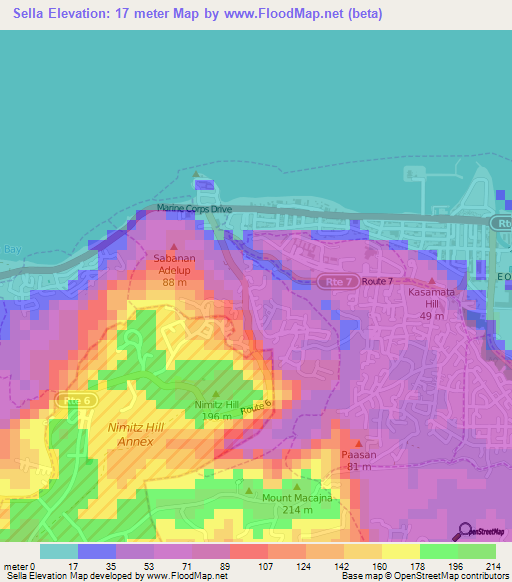 Sella,Guam Elevation Map