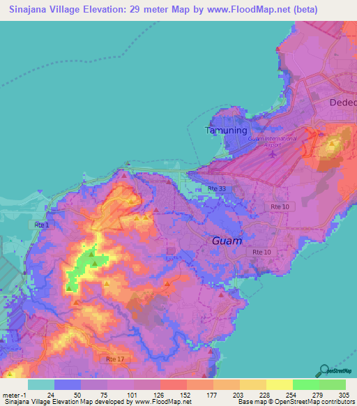 Sinajana Village,Guam Elevation Map