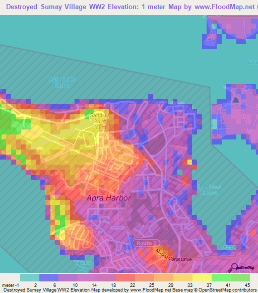 Destroyed Sumay Village WW2,Guam Elevation Map