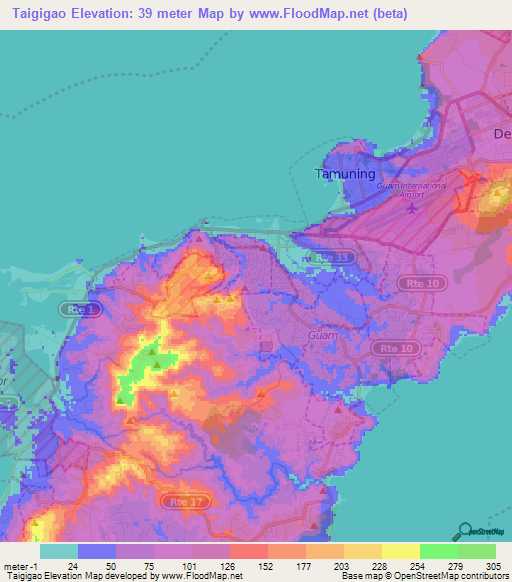 Taigigao,Guam Elevation Map