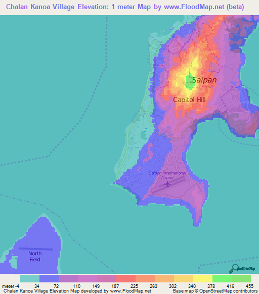 Chalan Kanoa Village,Northern Mariana Islands Elevation Map