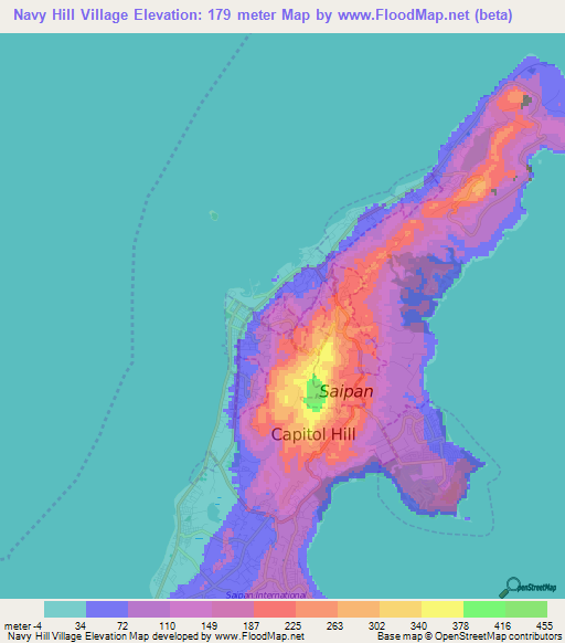 Navy Hill Village,Northern Mariana Islands Elevation Map