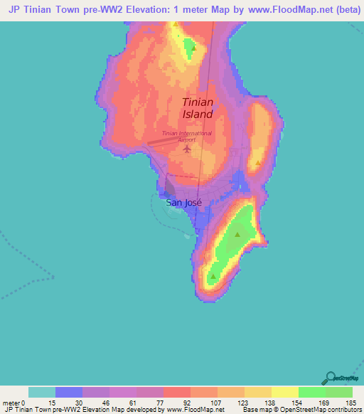 JP Tinian Town pre-WW2,Northern Mariana Islands Elevation Map